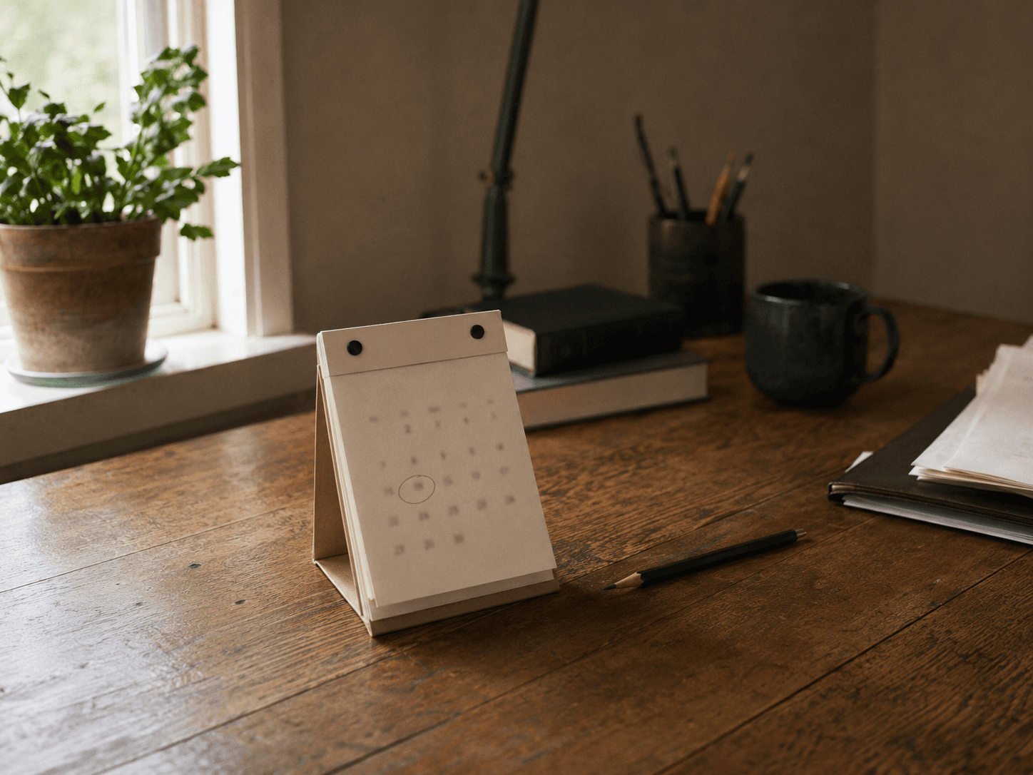 A small desk calendar with one date lightly circled in pencil, in morning light.