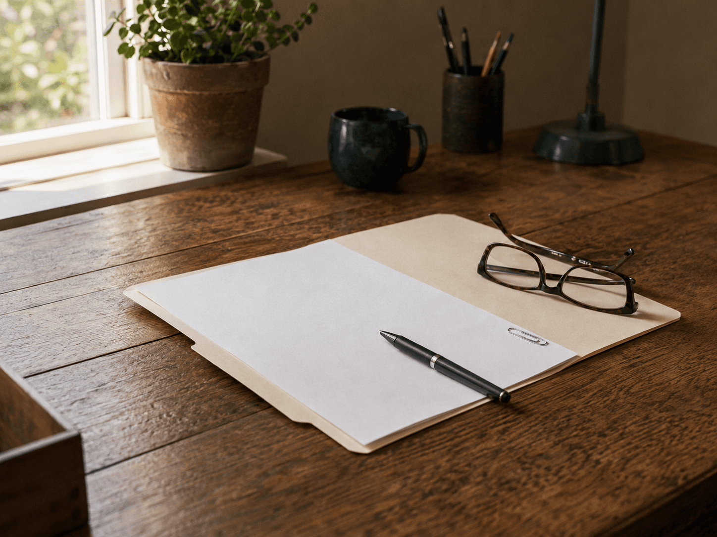 An open manila folder with a blank sheet, a pen and reading glasses on a wooden desk.