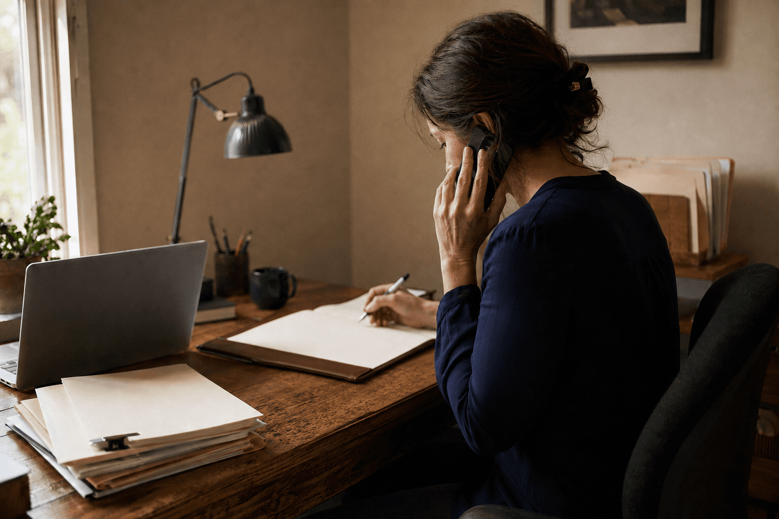 A claim specialist at a desk taking notes during a phone call, with one file open on the desk.