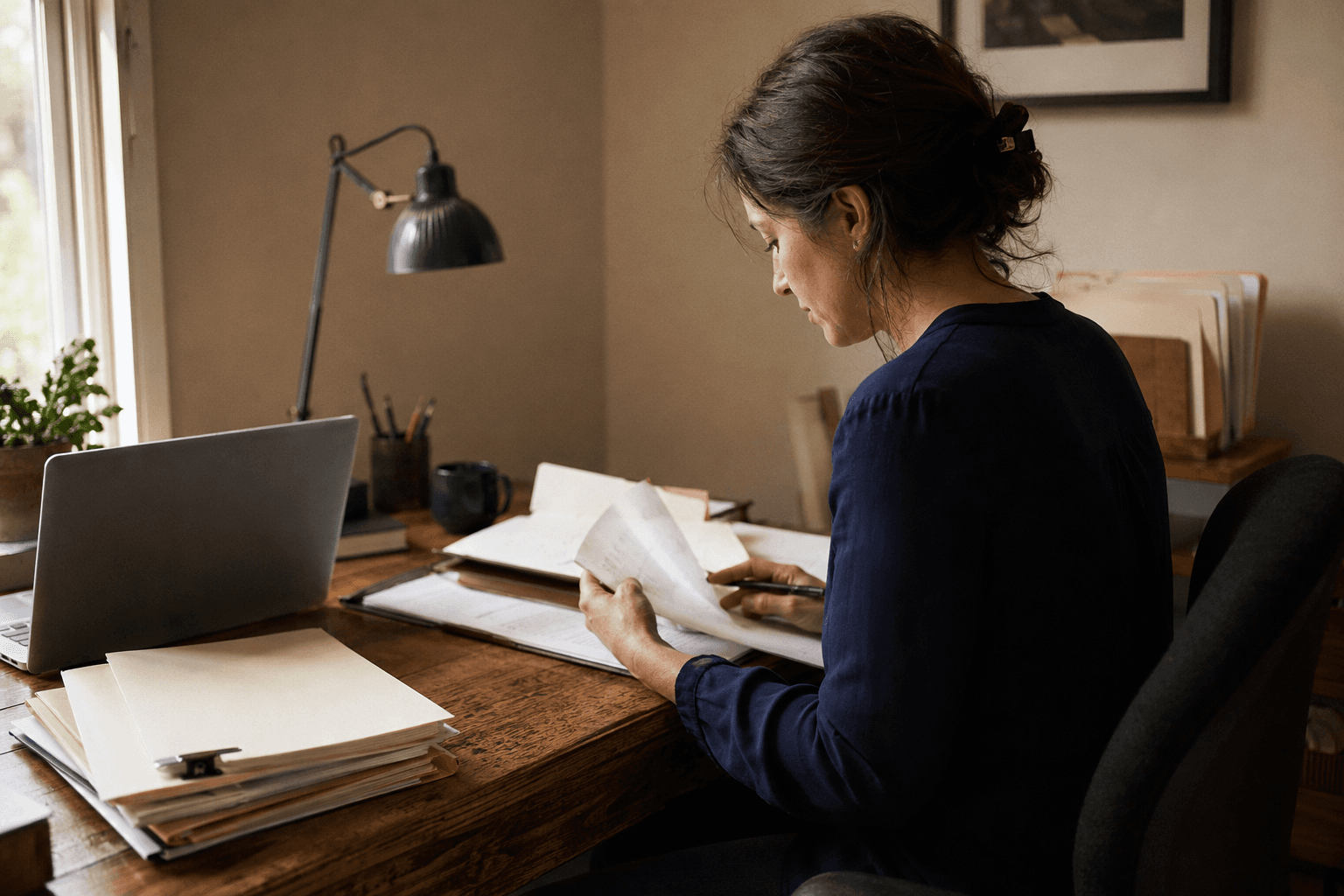 A claim specialist at a desk working through paper records and file folders by window light.