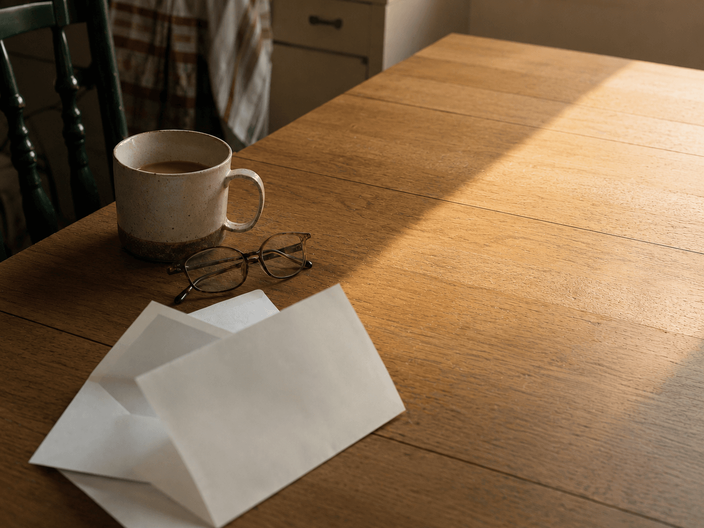 An opened letter, a pair of reading glasses and a mug of coffee on a kitchen table in morning light.